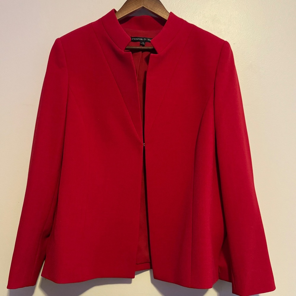 Preston York Red Collarless Open Front Blazer Jacket Women 14 Christmas Career